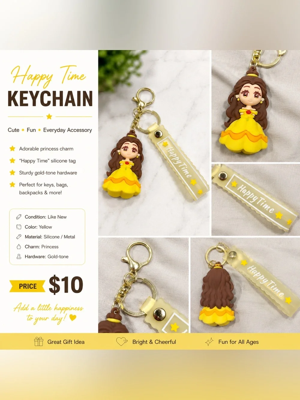 Disney Princess Belle-Inspired Silicone Keychain Charm – Happy Time Strap